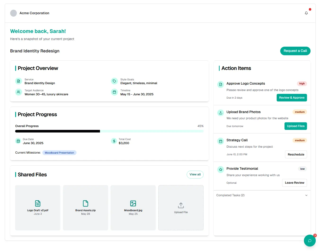 Client portal interface with progress overview and file access