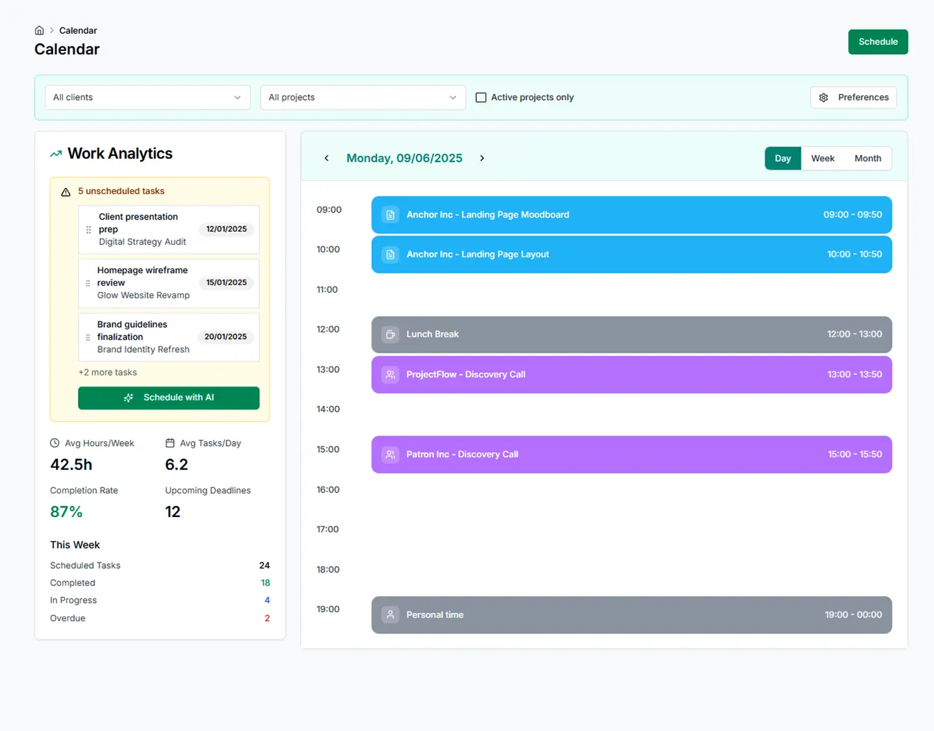 Smart calendar interface with focus blocks and task integration