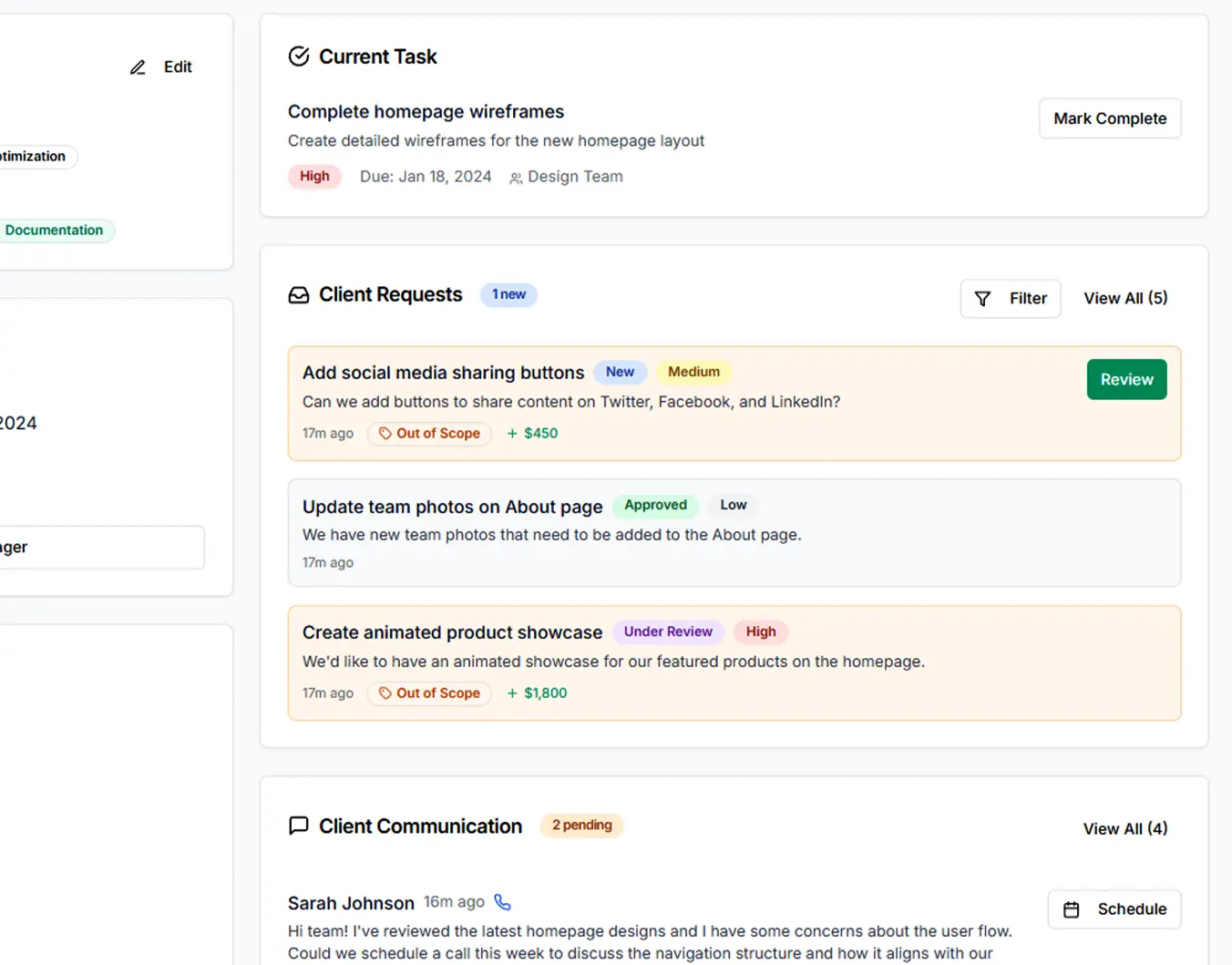 Client request tracker interface with sortable request list