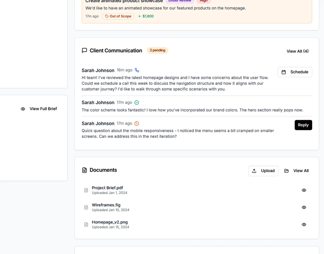 Messaging interface with project-based comment threads